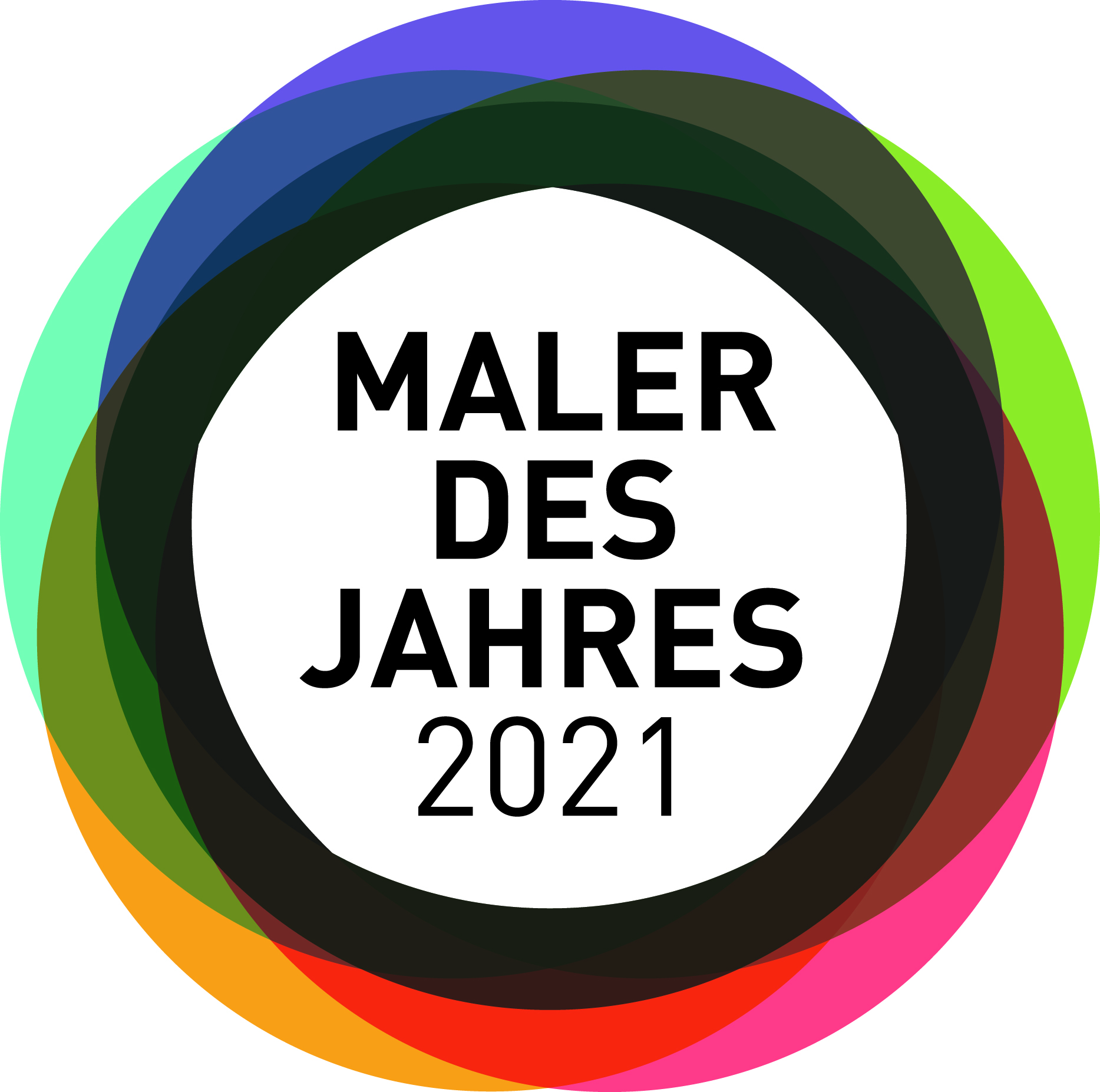 Rundes Logo mit dem Schriftzug „Maler des Jahres 2021“ in schwarzer Schrift auf weißem Hintergrund, umgeben von einem farbenfrohen, überlappenden Kreisring in Regenbogenfarben. Eine der renommiertesten Auszeichnungen der Maler-Branche