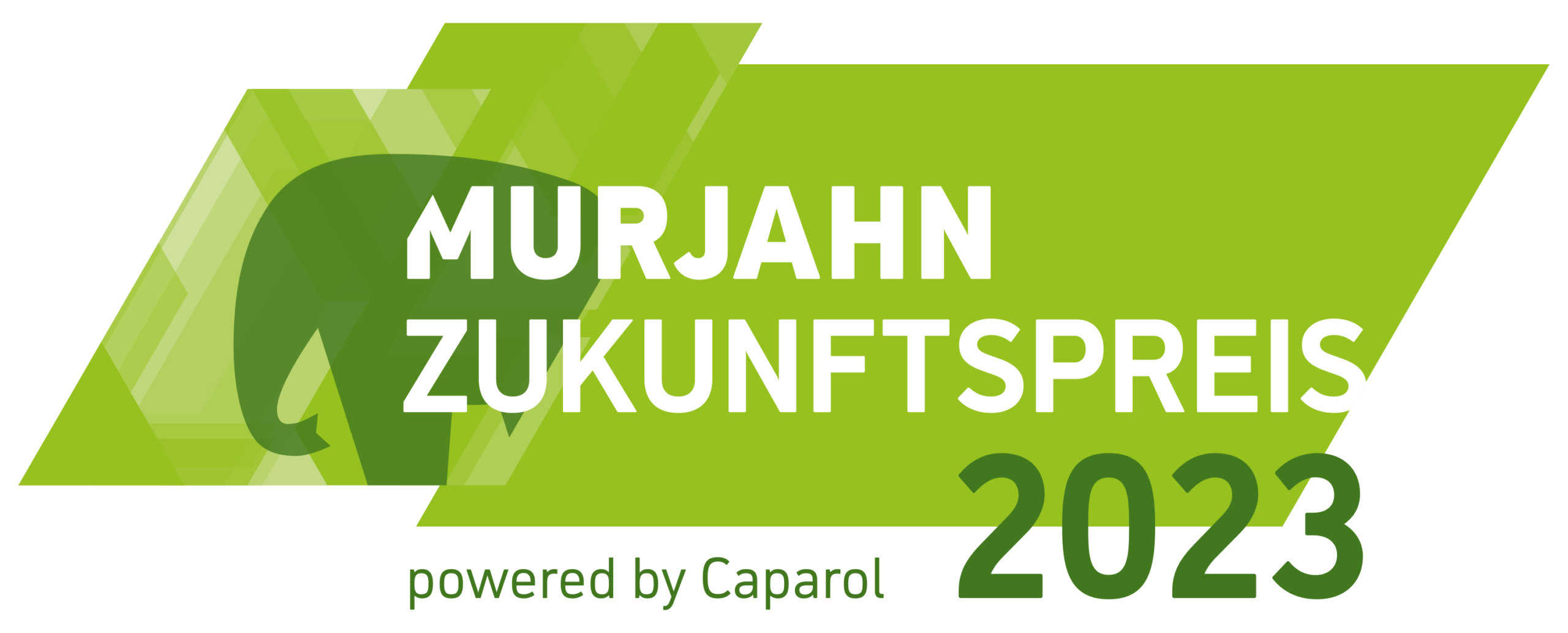 Logo der Auszeichnung „Murjahn Zukunftspreis 2023“, powered by Caparol. Das Design ist in verschiedenen Grüntönen gehalten und zeigt einen stilisierten Elefantenkopf sowie moderne geometrische Formen im Hintergrund.